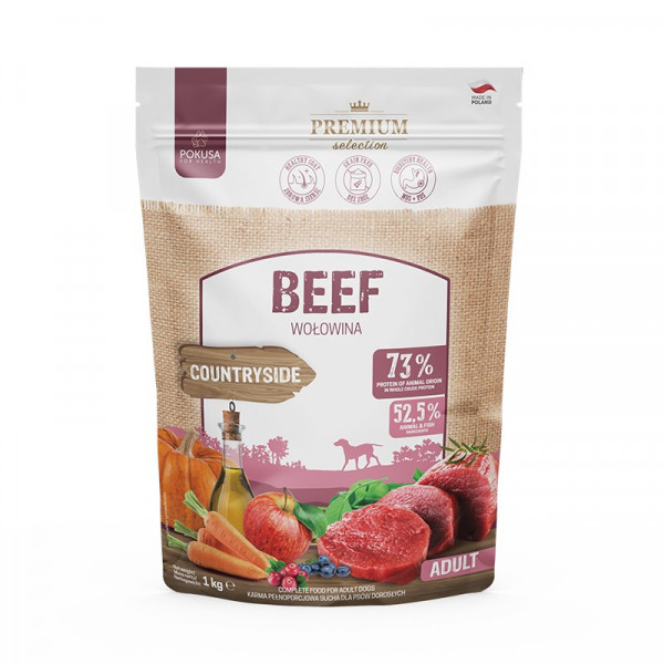 Pokusa Premium Selection Wołowina 1 kg - pełnoporcjowa karma sucha wołowina dla psów dorosłych