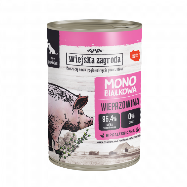 Wiejska Zagroda Wieprzowina 400g - monobiałkowa, pełnoporcjowa karma mokra dla psów dorosłych