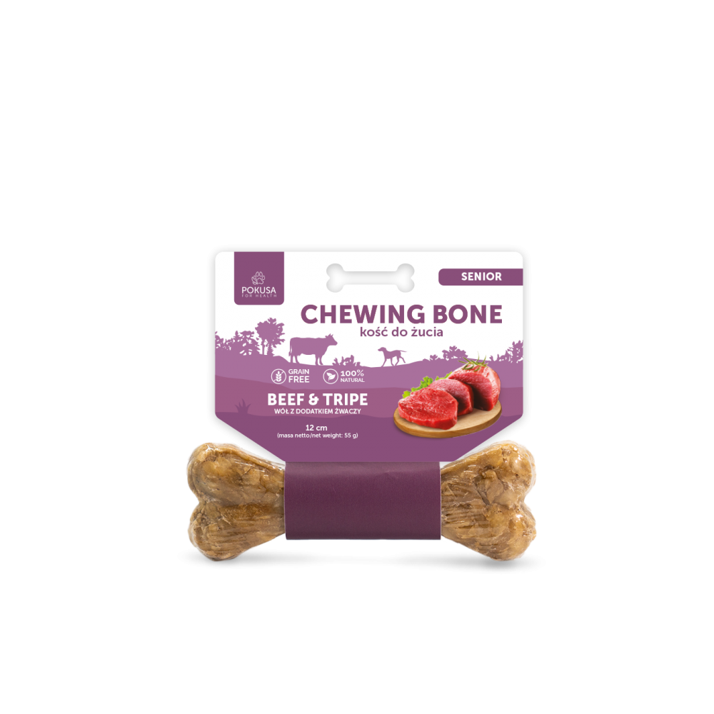Pokusa Kość do żucia SENIOR z wołem i żwaczami 12 cm - PREMIUM SELECTION Chewing Bone SENIOR