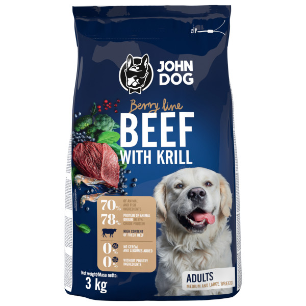 John Dog Wołowina z krylem Berry Line 3 kg Średnie i Duże Rasy - karma sucha dla psów dorosłych średnich i dużych ras