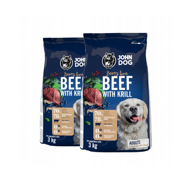John Dog Wołowina z krylem Berry Line 2x3 kg Średnie i Duże Rasy - karma sucha dla psów dorosłych średnich i dużych ras