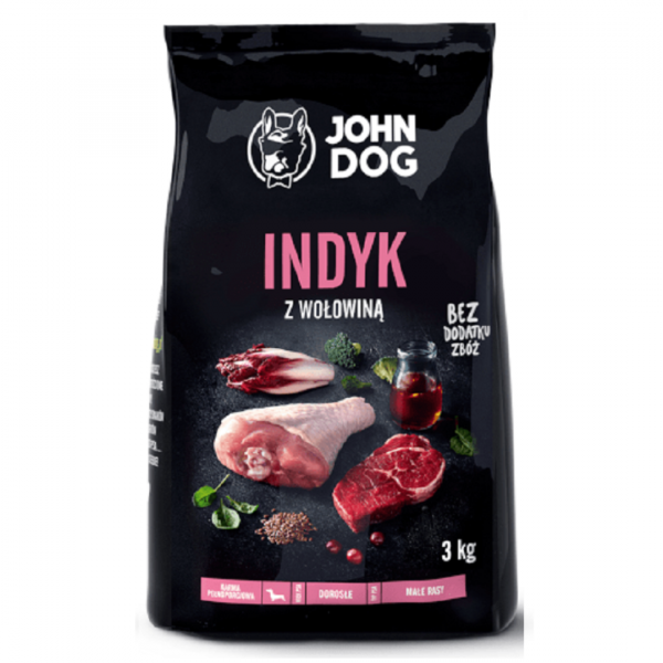 John Dog Premium Line Indyk z wołowiną 3 kg - bezzbożowa, sucha karma dla dorosłych psów małych ras