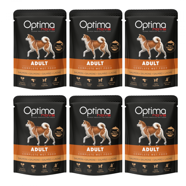 Optimanova Adult Salmon 6x300 g - mokra karma dla dorosłych psów z łososiem w saszetce