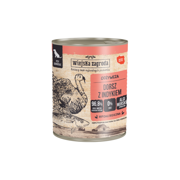 Wiejska Zagroda Dorsz z indykiem - 800 g - pełnowartościowa mokra karma dla dorosłych psów