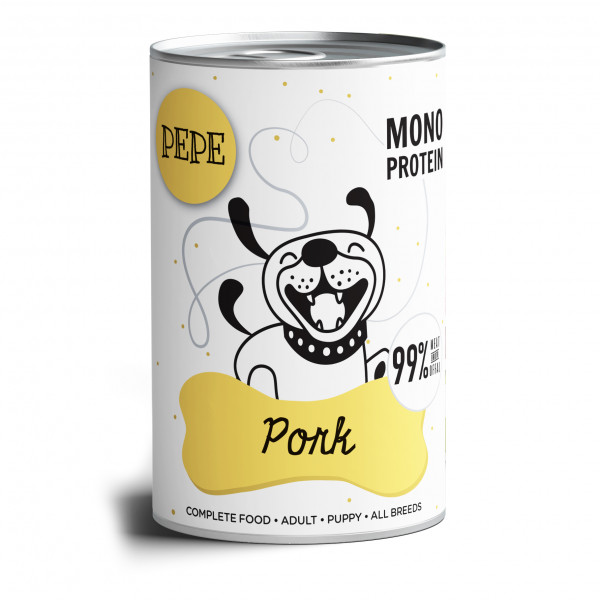 Paka Zwierzaka PEPE Pork 400g - pełnoporcjowa, monoproteinowa karma mokra dla psa z wieprzowiną