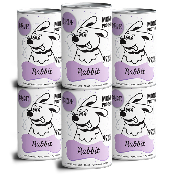 Paka Zwierzaka PEPE Rabbit 6x400g - pełnoporcjowa, monoproteinowa karma mokra dla psa z królikiem