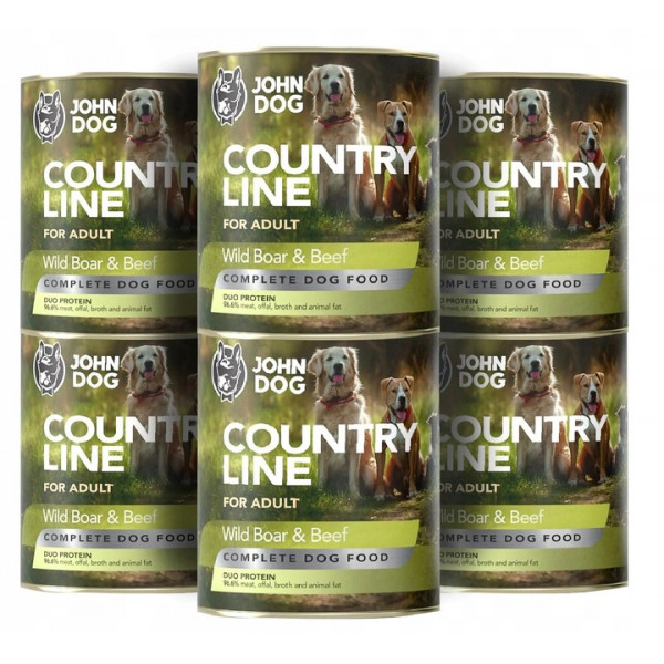 John Dog Country Line Dzik i Wołowina 6x800g - pełnoporcjowa, bezzbożowa karma mokra dla psów dorosłych