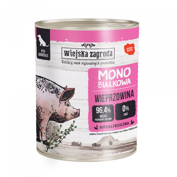 Wiejska Zagroda Wieprzowina 800g - monobiałkowa, pełnoporcjowa karma mokra dla psów dorosłych