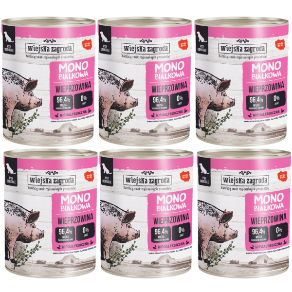 Wiejska Zagroda Wieprzowina 6x800g - monobiałkowa, pełnoporcjowa karma mokra dla psów dorosłych