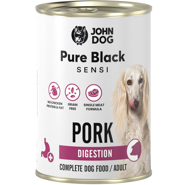 John Dog Pure Black SENSI Wieprzowina DIGESTION 400g  - monobiałkowa karma pełnoporcjowa dla psów dorosłych wszystkich ras