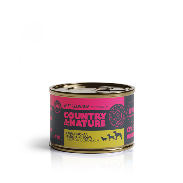 COUNTRY&NATURE Wieprzowina ze szpinakiem 410g - karma mokra pełnoporcjowa dla psów dorosłych wszystkich ras