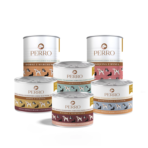PERRO Karma mokra, mix smaków - zestaw 6x410g - monobiałkowa formuła dla psów dorosłych