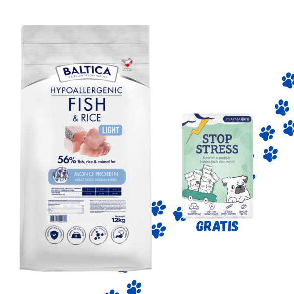 Baltica - ADULT Fish & Rice Light / Ryba z ryżem M 12kg + Stop Stress