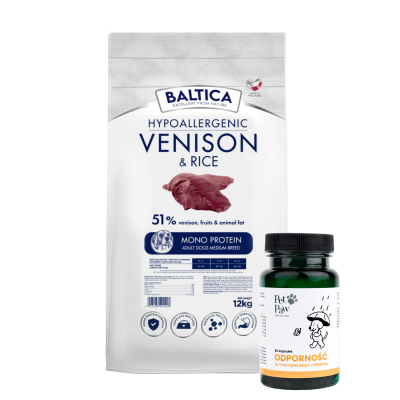 Zdrowy Duet - Baltica - ADULT Dziczyzna z ryżem M 12kg + PetPaw ODPORNOŚĆ