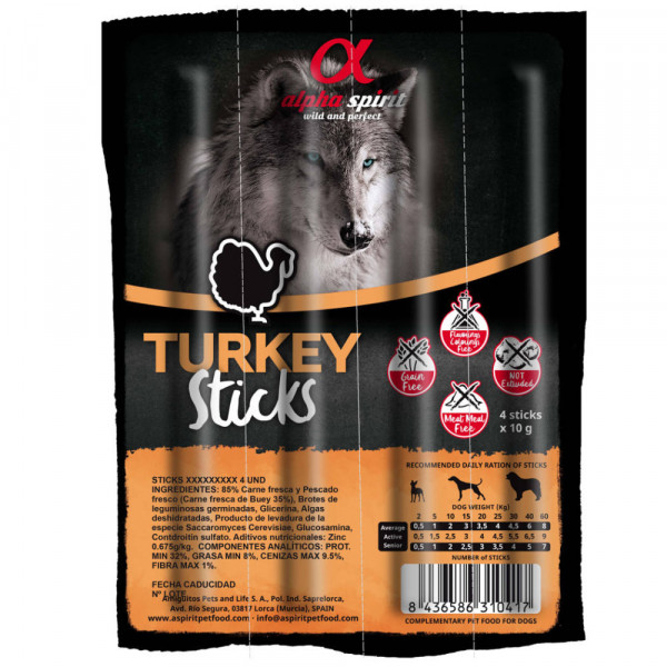 Alpha Spirit Turkey Sticks 40g - czteropak paluszków indyk 40 g - przysmak dla psa