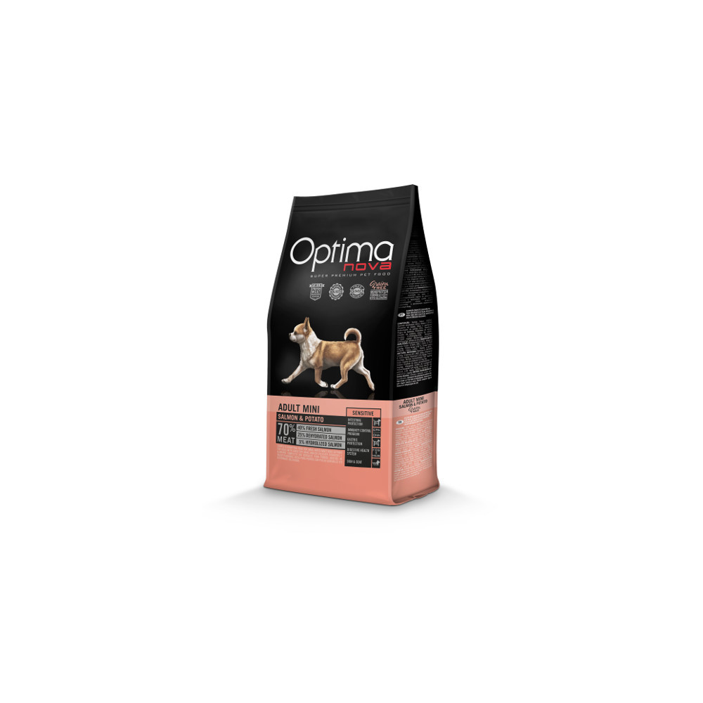 Optimanova Adult Mini Sensitive Salmon & Potato 8 kg - karma bezglutenowa dla wrażliwych dorosłych psów małych ras